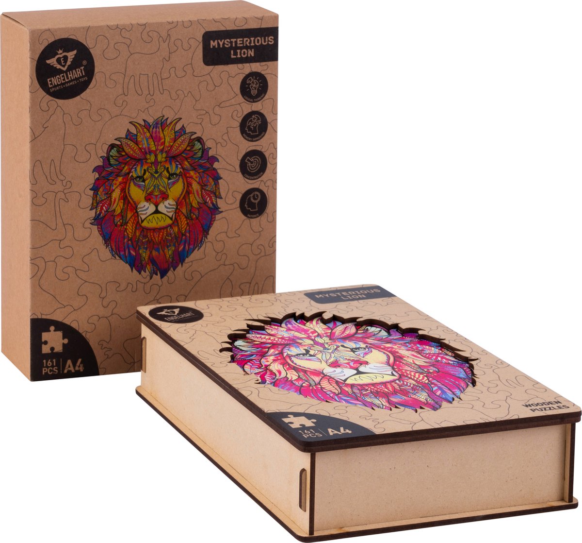 Houten Puzzel Leeuw – 161 Unieke Puzzelstukjes – A4 Formaat Houten Legpuzzel – Dieren Puzzelspel – Uitdagend Denkspel – Inclusief Opbergetui – Engelhart — afbeelding 7