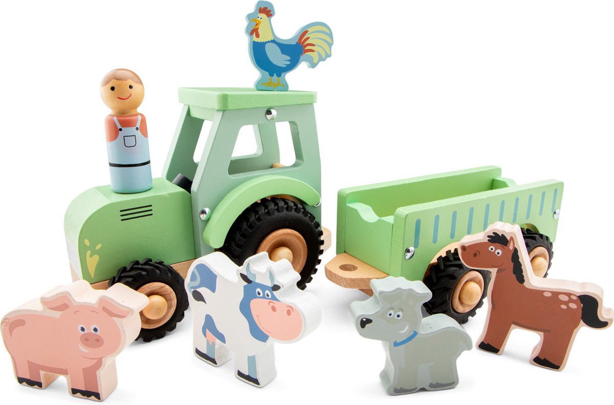 Woet® Houten Tractor met Aanhanger - Inclusief 5 Boerderijdieren - Groen - Educatief Speelvoertuig - Rollenspel Speelgoed - Vanaf 18 Maanden — afbeelding 6