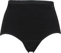 Zwarte dames tailleslip, hoog model, op een zwarte achtergrond.