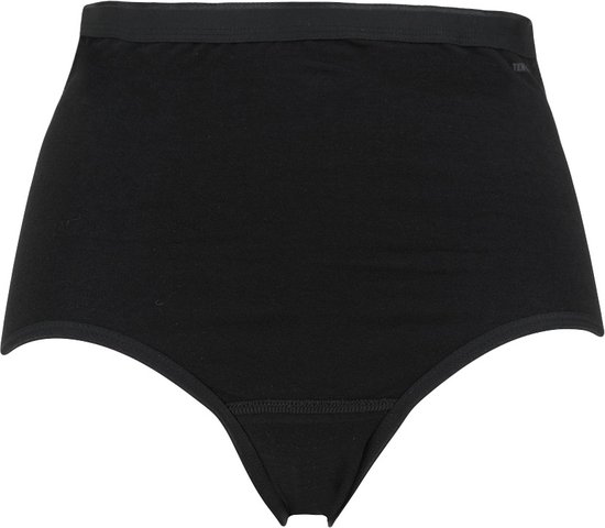 Zwarte dames tailleslip, hoog model, op een zwarte achtergrond.