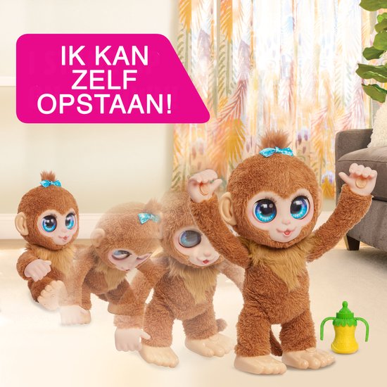 Meerdere bruine FurReal Peanut apen in verschillende posities, waaronder staand.