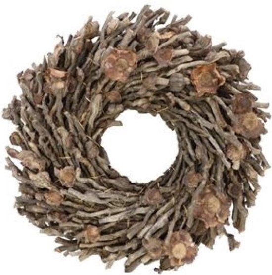 Ronde krans van bruine takken en gedroogde bloemetjes, diameter 40 cm.