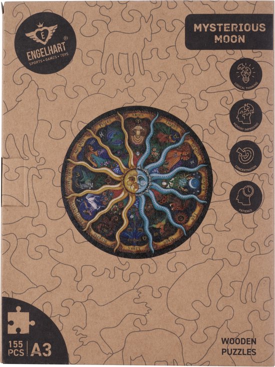 Bruine kartonnen verpakking van een houten puzzel, met een ronde afbeelding van de dierenriem.
