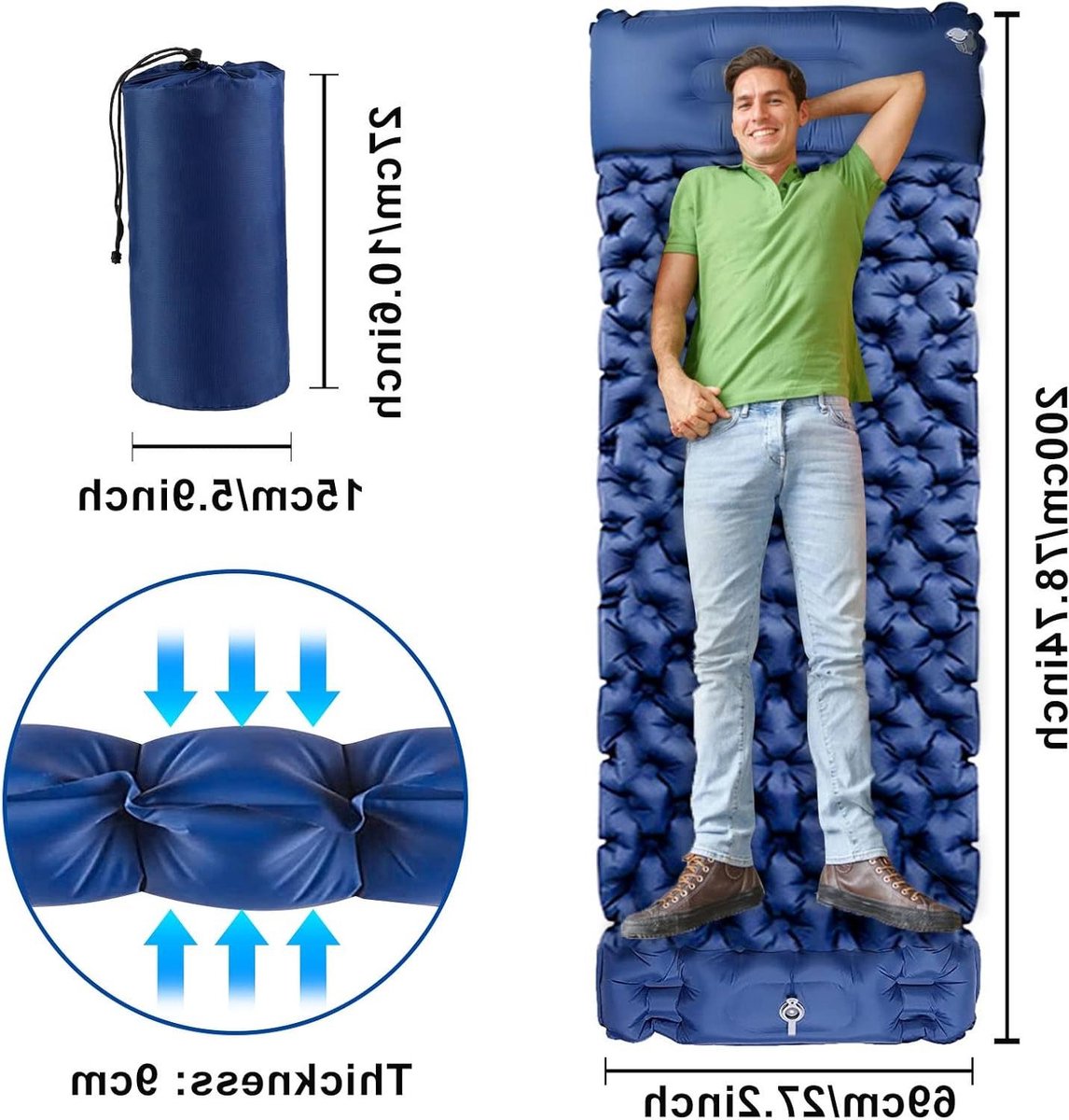 Opblaasbare luchtmatras voor camping en strand met zelfopblazend slaapmat - voetpomp kussen - ultralicht - vochtbestendig - waterdicht - antislip