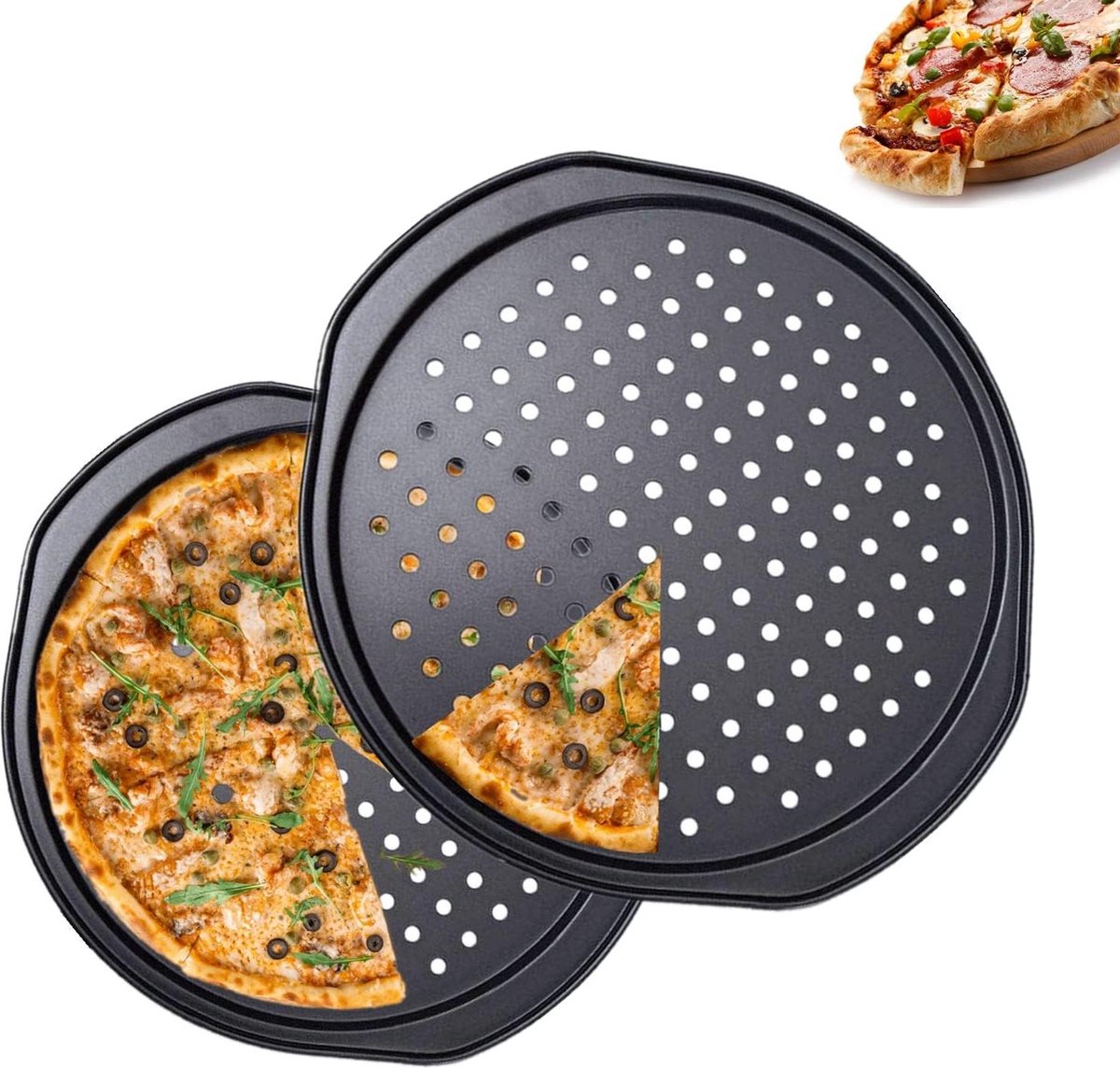 Pizza Dienbladen 2 Pack - Geperforeerd en Niet-klevend - Voor Oven - Zelfs Warmteverdeling