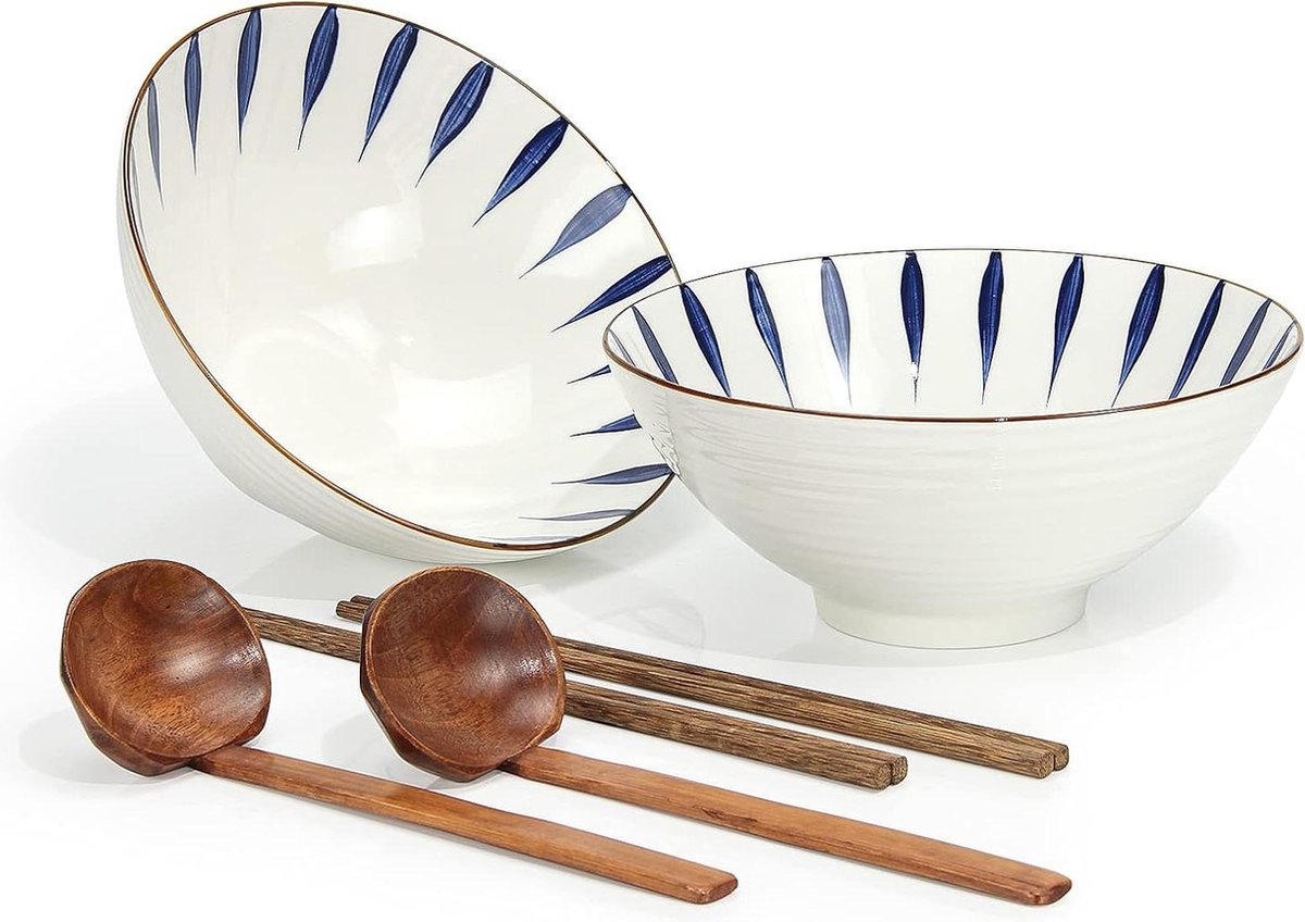 Servieswarenset Ramenkommen Keramisch, set van 2 - porseleinen noedelkommen, dinersets voor pasta, soep, pho, mixsalade, snacks, granen, met lepels en eetstokjes, 1100 ml, geschikt voor nieuwe huizen