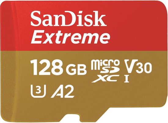 SanDisk Extreme 128 GB microSDXC UHS-I kaart met rode en gouden opdruk.
