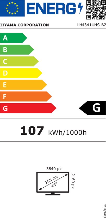 Energie-etiket voor een Iiyama LH4341UHS-B2 monitor. Schaal A t/m G. Energieverbruik 107 kWh/1000h. Beelddiagonaal 43" (108cm), resolutie 3840px, 2160px.