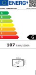 Energie-etiket voor een Iiyama LH4341UHS-B2 monitor. Schaal A t/m G. Energieverbruik 107 kWh/1000h. Beelddiagonaal 43" (108cm), resolutie 3840px, 2160px.