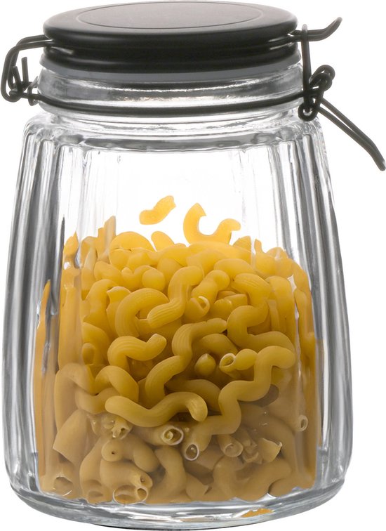 Bocal en verre cannelé rempli de pâtes, avec fermeture à levier noire.