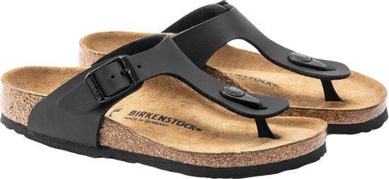 Zwarte Birkenstock Gizeh teenslippers met gespen en suède voetbedden.