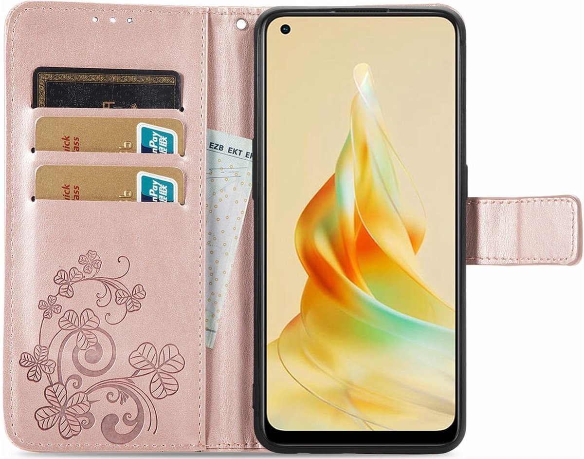 Mobigear Telefoonhoesje geschikt voor OPPO Reno 8T 4G Hoesje | Mobigear Clover Bookcase Portemonnee | Pasjeshouder voor 3 Pasjes | Telefoonhoesje voor Pinpas / OV Kaart / Rijbewijs - Roségoud