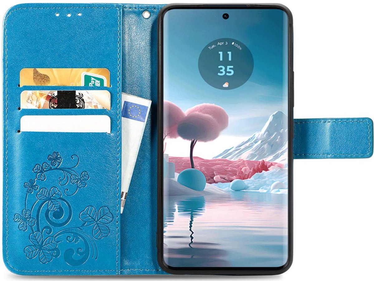 Mobigear Telefoonhoesje geschikt voor Motorola Edge 40 Neo Hoesje | Mobigear Clover Bookcase Portemonnee | Pasjeshouder voor 3 Pasjes | Telefoonhoesje voor Pinpas / OV Kaart / Rijbewijs - Blauw
