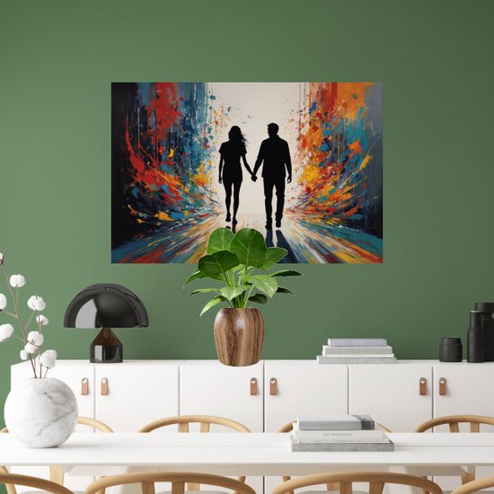 Main dans la main dans un monde de portrait en couleur - Portrait de couple - Peinture sur toile Personnes - Décoration murale industrielle - Toile avec cadre de cuisson cuisine - Toile de Décoration murale avec cadre de cuisson 100x75 cm