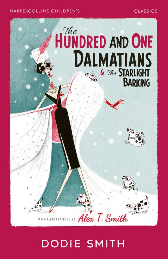Boekcover van 'The Hundred and One Dalmatians & The Starlight Barking' met een gestileerde vrouw in witte boa en zwarte jurk, omringd door Dalmatiërs.