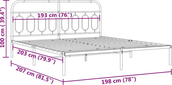 Zwart metalen ledikant zonder matras, met afmetingen 193 cm breed en 207 cm lang.