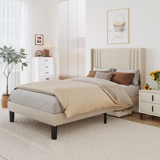 Bealife BF45 Cadre de lit - 200 x 120 cm - Tête de lit et sommier à lattes - Beige