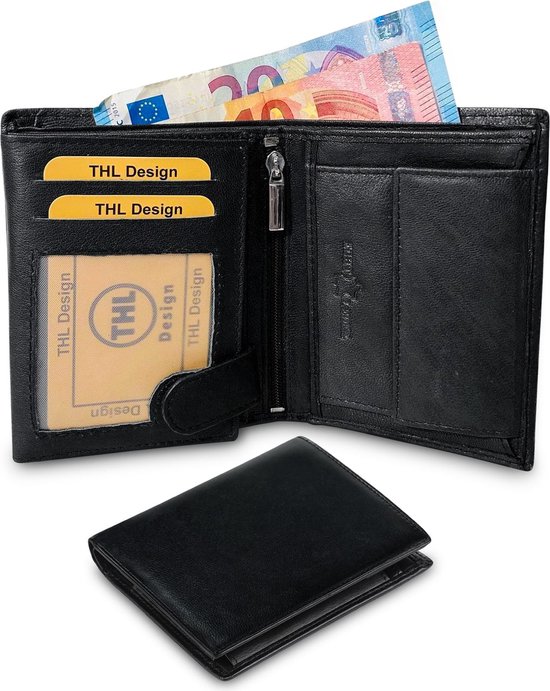 Foto: Thl design portemonnee heren portefeuille heren dames billfold hoog staand model echt leer zwart