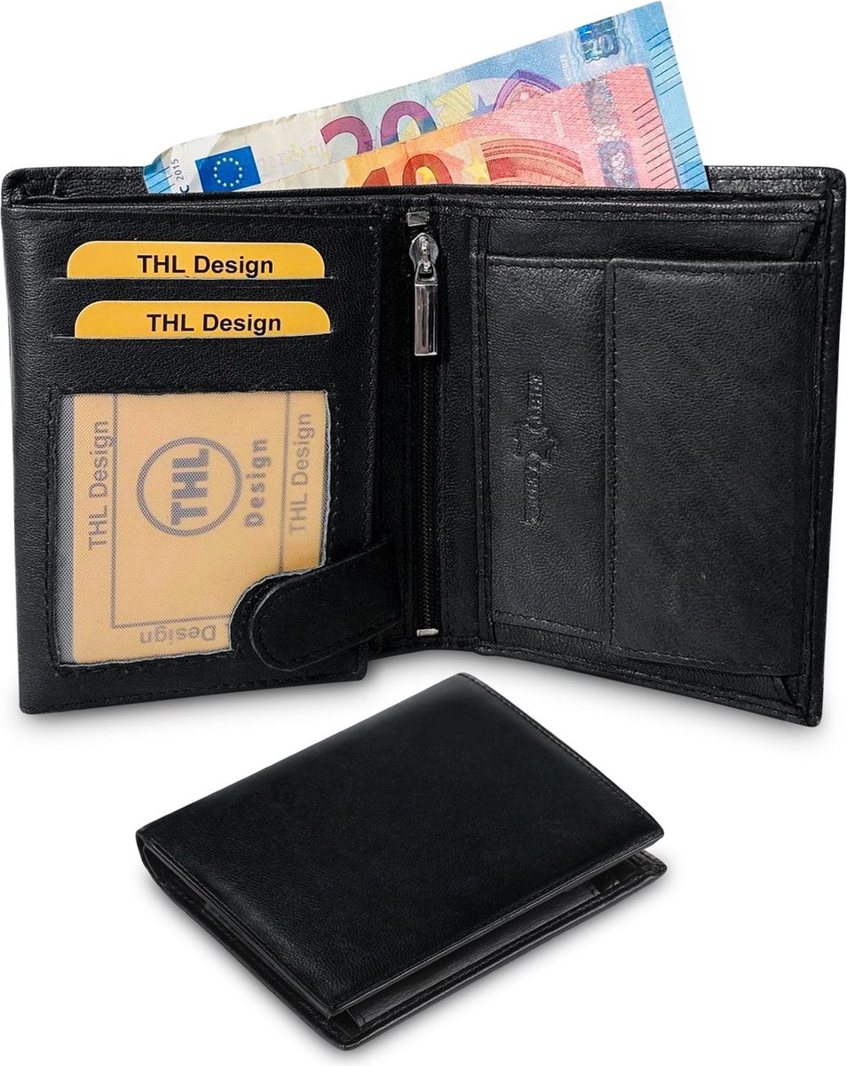 THL Design - Portemonnee Heren – Portefeuille Heren / Dames - Billfold Hoog – Staand Model - Echt Leer Zwart