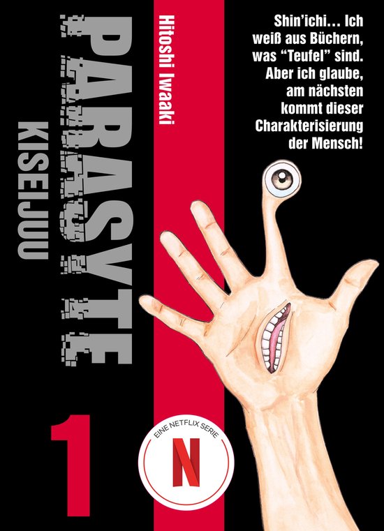 Boekomslag van Parasyte deel 1 met een hand die transformeert in een monster met een oog en mond, 'Parasyte' en 'Kiseijuu' staan erin.