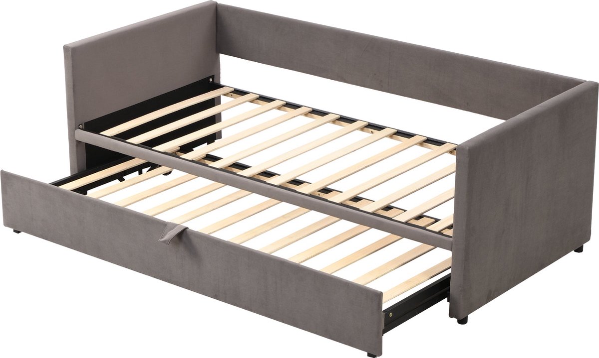 Merax Uitschuifbaar Slaapbank 90/180x200 cm - Velvet Gestoffeerd Bed Bank - Luxe Bedbank - Donkergrijs