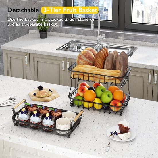 Corbeille à Fruits 2 Niveaux Avec Cintres Banane - Panier Métallique Noir Grande Capacité Cuisine