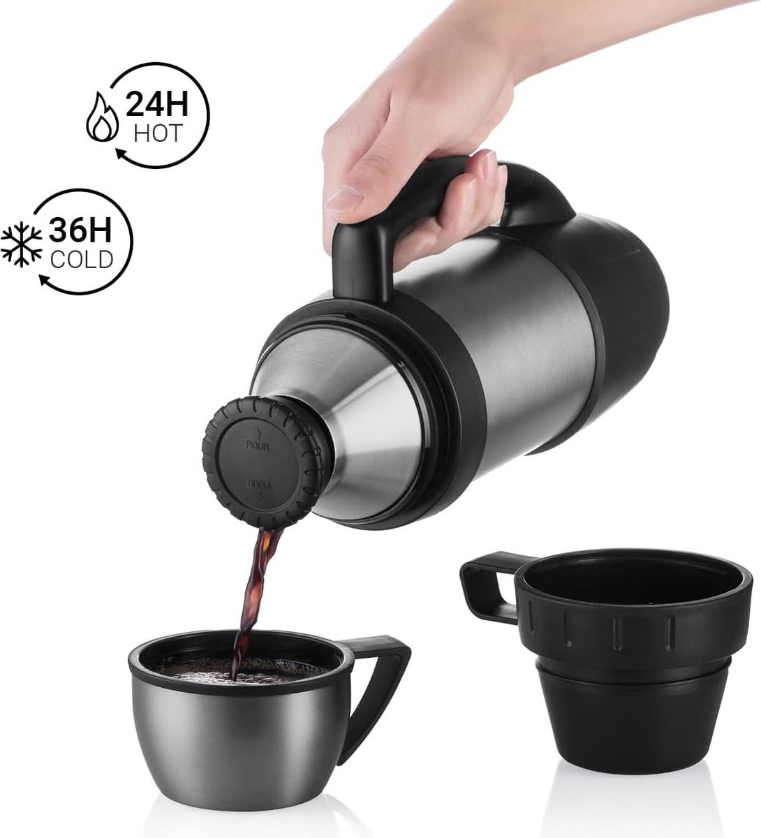 Thermoskan met 2 bekers bigBoy 1 2 liter lekvrij robuust premium roestvrij stalen thermosfles voor warme dranken koffie thee geïsoleerde drinkfles isoleerfles met 2 kopjes