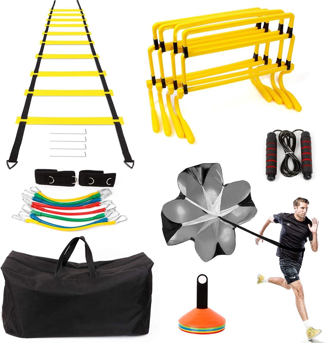 Voetbaltraining behendigheid ladder trainingsladder met weerstandsparapluCoördinatieladder met weerstandsbanden voor voetbaltrainingSpringtouw en schijfkegels voor RAIN QUEEN voetbaltrainingSportkegels voor behendigheidstraining