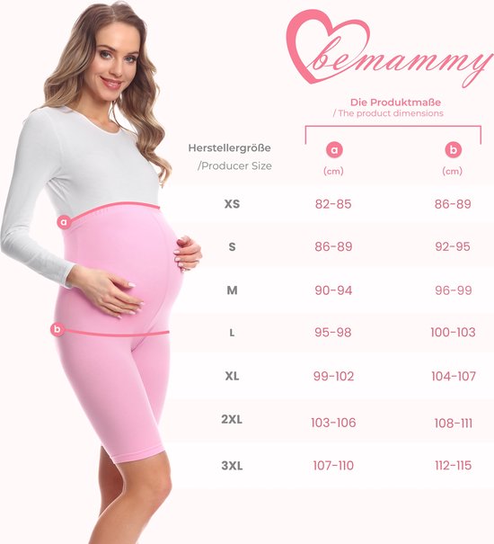 Zwangere vrouw in een roze korte zwangerschapslegging, met een maattabel ernaast.