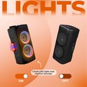 Twee zwarte speakers met dubbele woofers en RGB lichten, naast een aan/uit schakelaar voor de lichten.