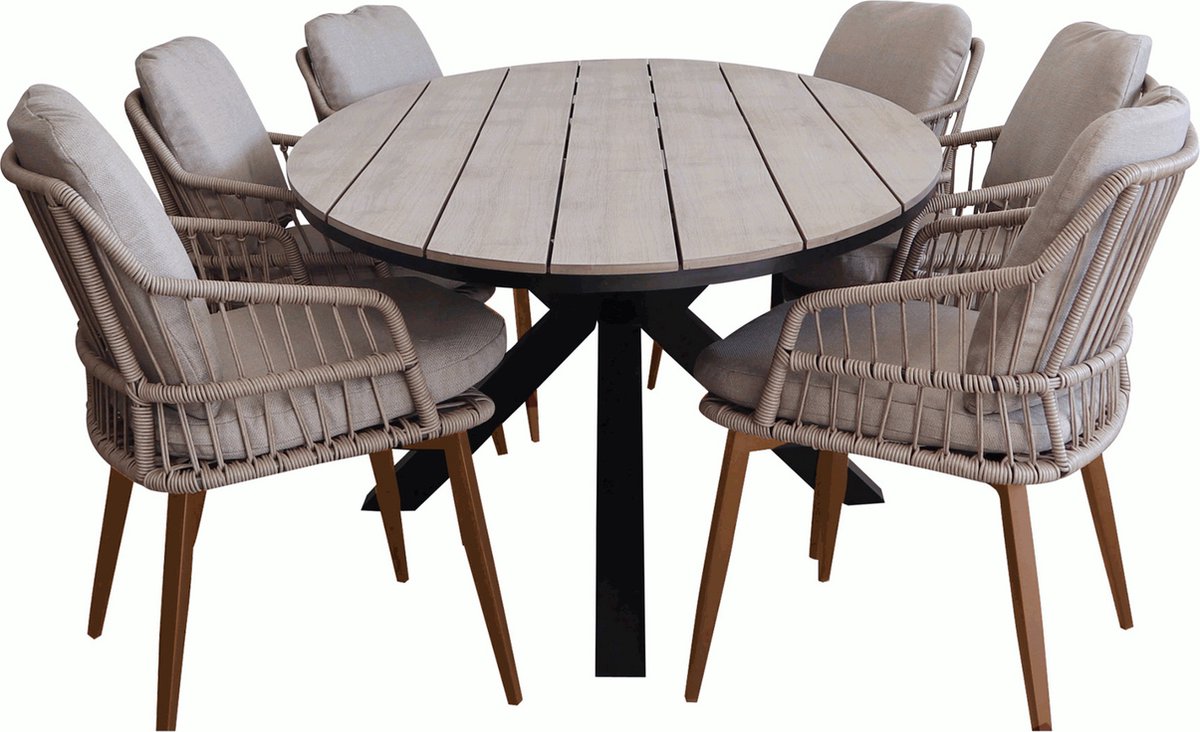7-delige tuinset | 6 Isabel tuinstoelen (sand/wood) | 220cm ovale Cyprus tuintafel (Wood)