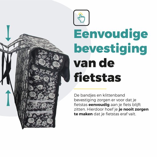 Voltano Dubbele Fietstas Midnight Blossom - Zwart Met Bloemen - 38 Liter - 100% Waterdicht Polyester - Vrolijke Fietstassen van Voltano — afbeelding 5