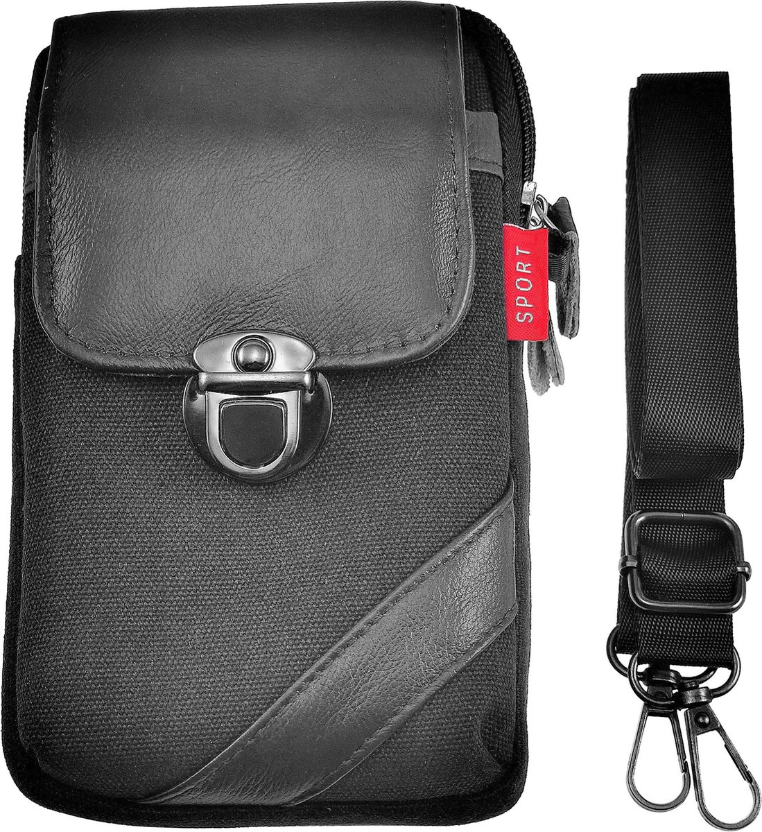 Telefoontas Heren - Zwart Echt Leer - Riemtas - Heuptas - Schoudertas - Crossbodytas - 6,5 inchTelefoons Tas