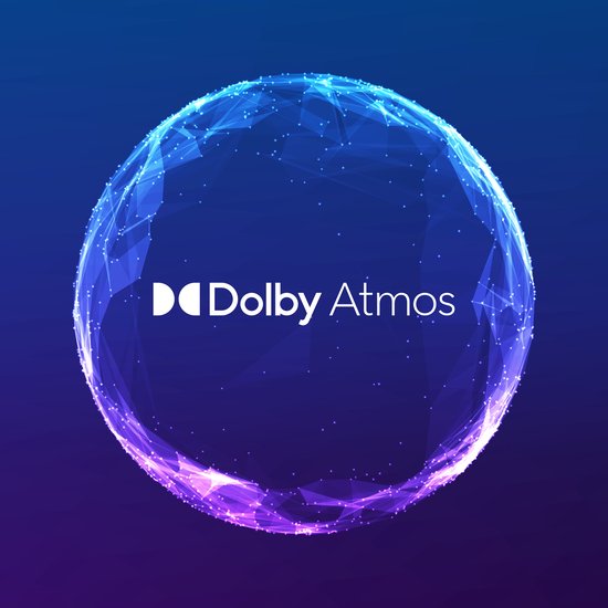 Gloeiende, blauwpaarse bol met witte tekst 'Dolby Atmos'.