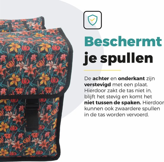 Voltano Dubbele Fietstas Floral Fiesta - Zwart Met Kleurrijke Bloemen - 38 Liter - 100% Waterdicht Polyester - Vrolijke Fietstassen