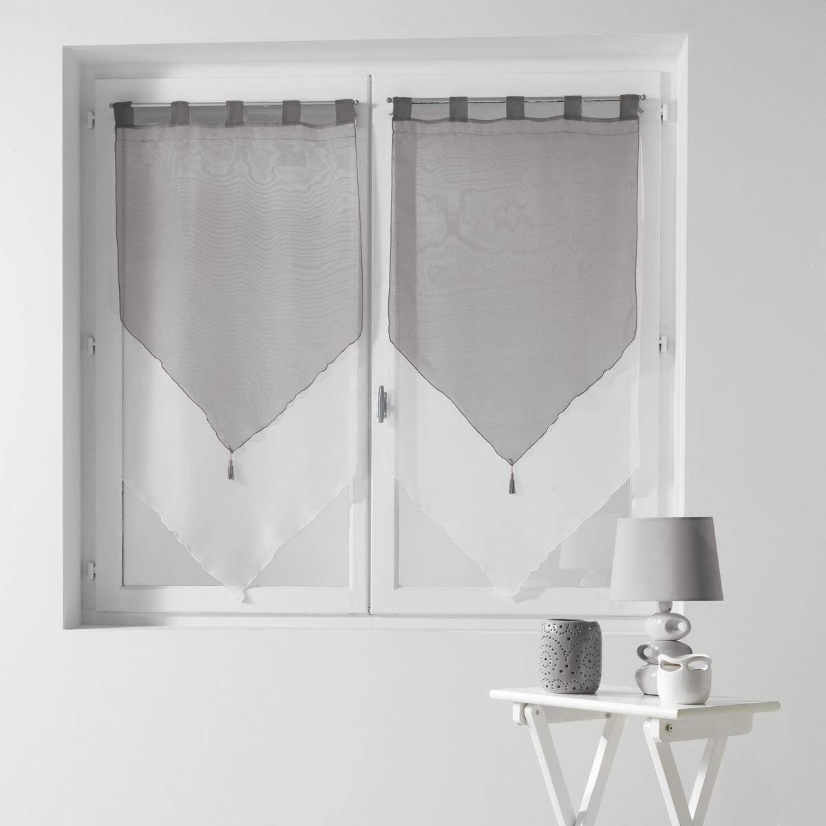 Korte gordijnen voor de woonkamer DUO, met lussen, voile, met franjes, 2 stuks