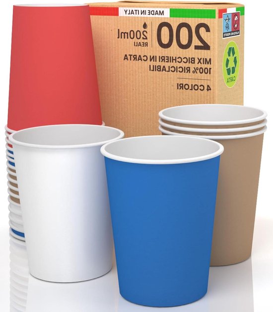 100 Papierbecher 200 Ml - Umweltfreundlich, Biologisch Abbaubar, Made In Italy, Für Heiße & Kalte Getränke