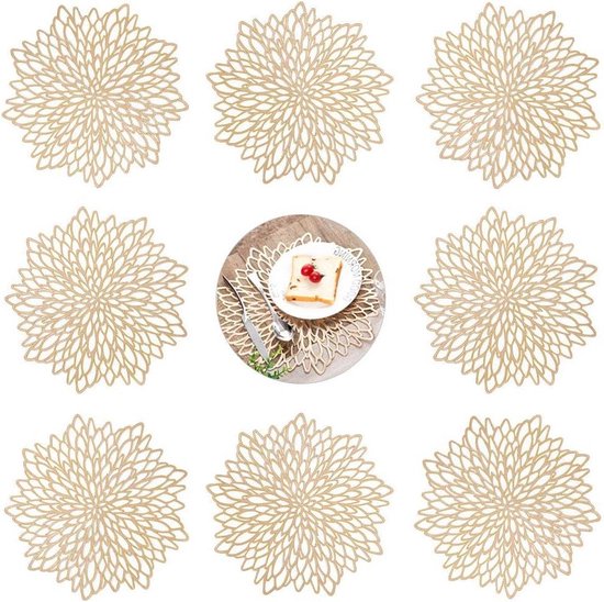 Ronde gouden placemats, set van 6 decoratieve placemats, ronde placemat, PVC placemats, holle tafelmatten, wasbaar voor eettafel (goud