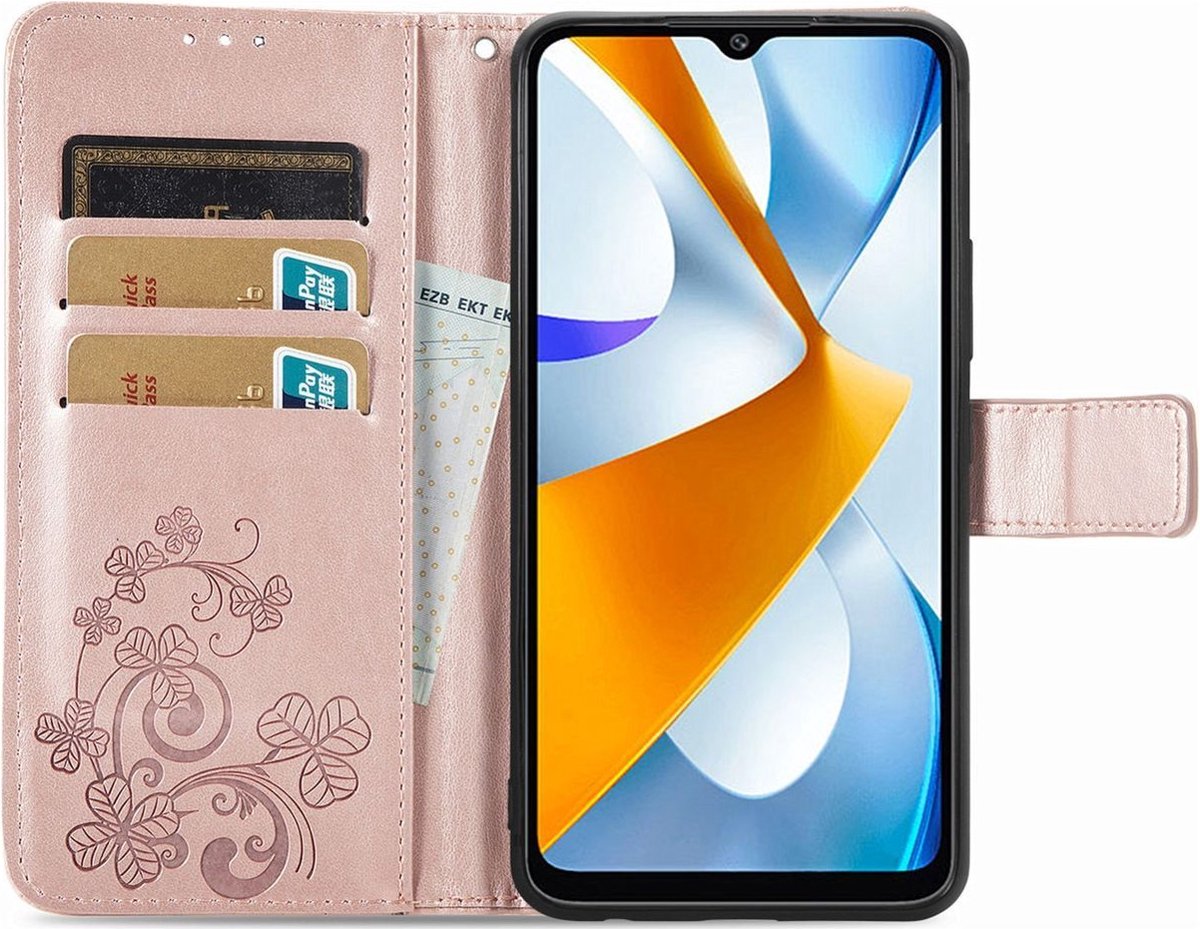 Mobigear Telefoonhoesje geschikt voor POCO C40 Hoesje | Mobigear Clover Bookcase Portemonnee | Pasjeshouder voor 3 Pasjes | Telefoonhoesje voor Pinpas / OV Kaart / Rijbewijs - Roségoud