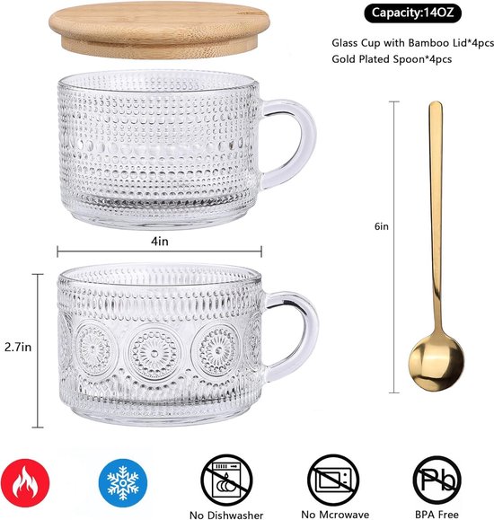 Vintage glazen koffiemokken set van 4, helder reliëf glazen theekopjes Vintage glazen koffiemokken set van 4, helder reliëf glazen theekopjes