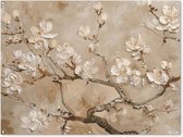 Tuinposter 160x120 cm - Tuindecoratie Bloemen - Modern - Beige - Wit - Bloesem - Poster voor in de tuin - Buiten decoratie - Schutting tuinschilderij - Tuindoek muurdecoratie - Wanddecoratie balkondoek