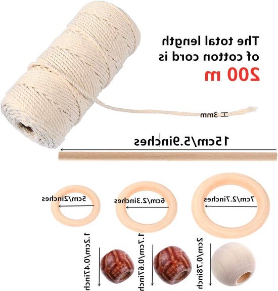 Macramégaren 3 mm x 60 m, 3-delige macraméset voor macramé, wandbehang, dromenvanger, bloemenhanger, gordijn, koordketting, knutselset, doe-het-zelf handwerk, met 5 sleutelhangers, 60 houten kralen, 6
