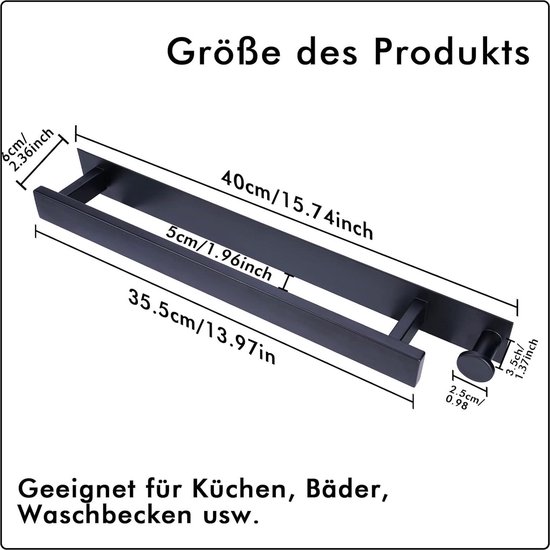 Qiannhee Handdoekhouder zonder boren, zwart, mat, gastendoekhouder, roestvrij staal, SUS304, 41,5 cm, zelfklevende handdoekstang, wandmontage, handdoekhouder voor badkamer, keuken, wastafel Qiannhee Handdoekhouder zonder boren, zwart, mat, gastendoekhouder, roestvrij staal, SUS304, 41,5 cm, zelfklevende handdoekstang, wandmontage, handdoekhouder voor badkamer, keuken, wastafel