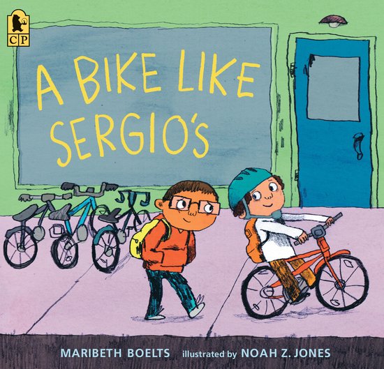 Boekomslag A Bike Like Sergio's: een jongen kijkt naar een vriend op een oranje fiets voor een schoolgebouw.