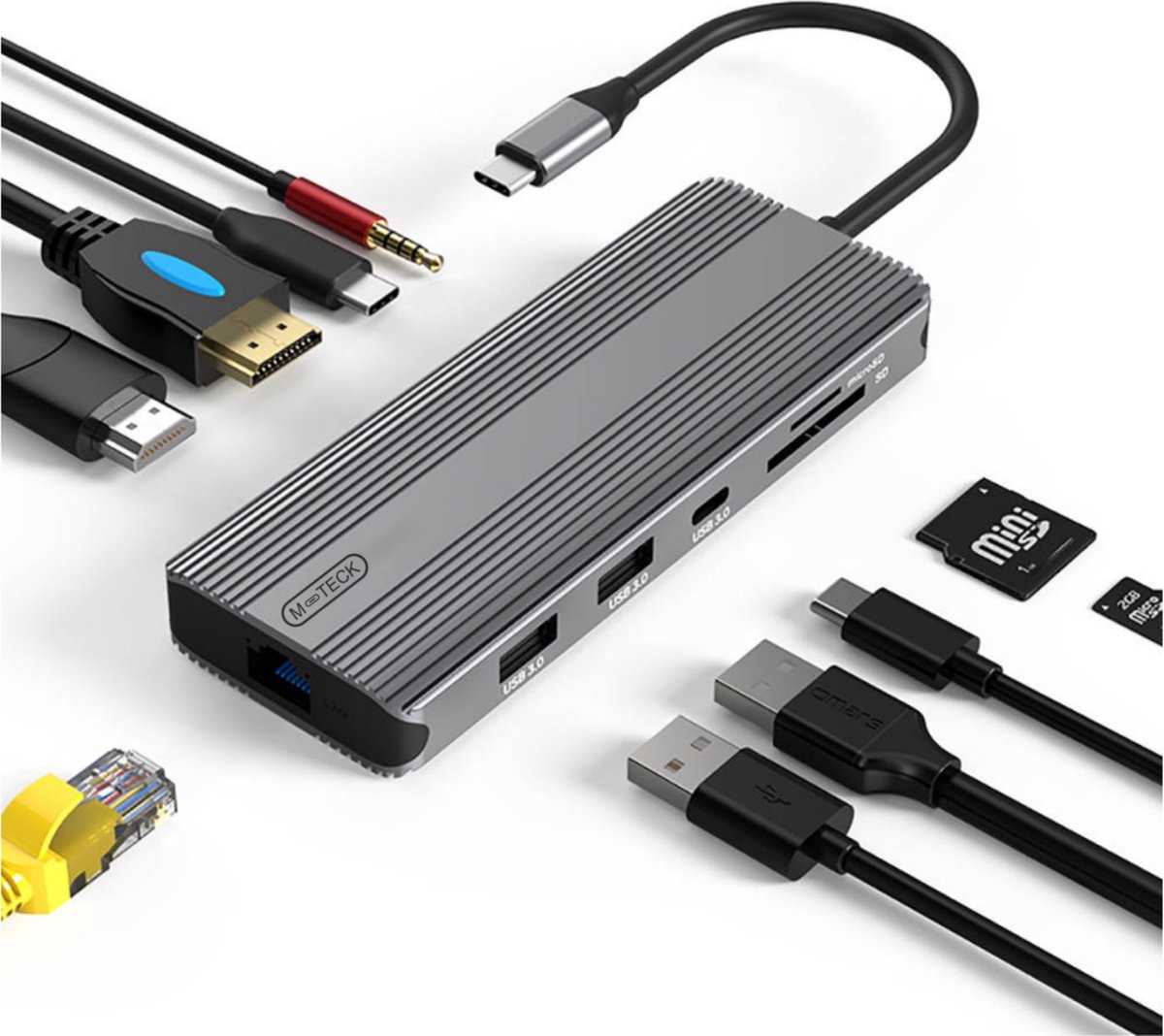 M-TECK Portable USB-C Docking Station Hub met 2 x HDMI - 2 x USB 3.0 - 2 - USB-C - Ethernet - Kaartlezer - 3.5mm audio - Geschikt voor Laptop