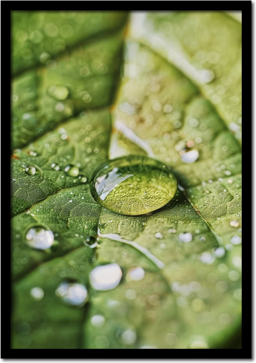 Plakkers Poster blad met druppels water - 30cm x 40cm - vintage - woonkamer - slaapkamer - bloemen posters - goedkoop - muurposter - natuur - wanddecoratie Full-colour
