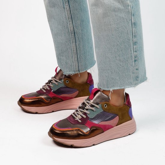 Manfield Dames Roze leren sneakers met metallic details Maat