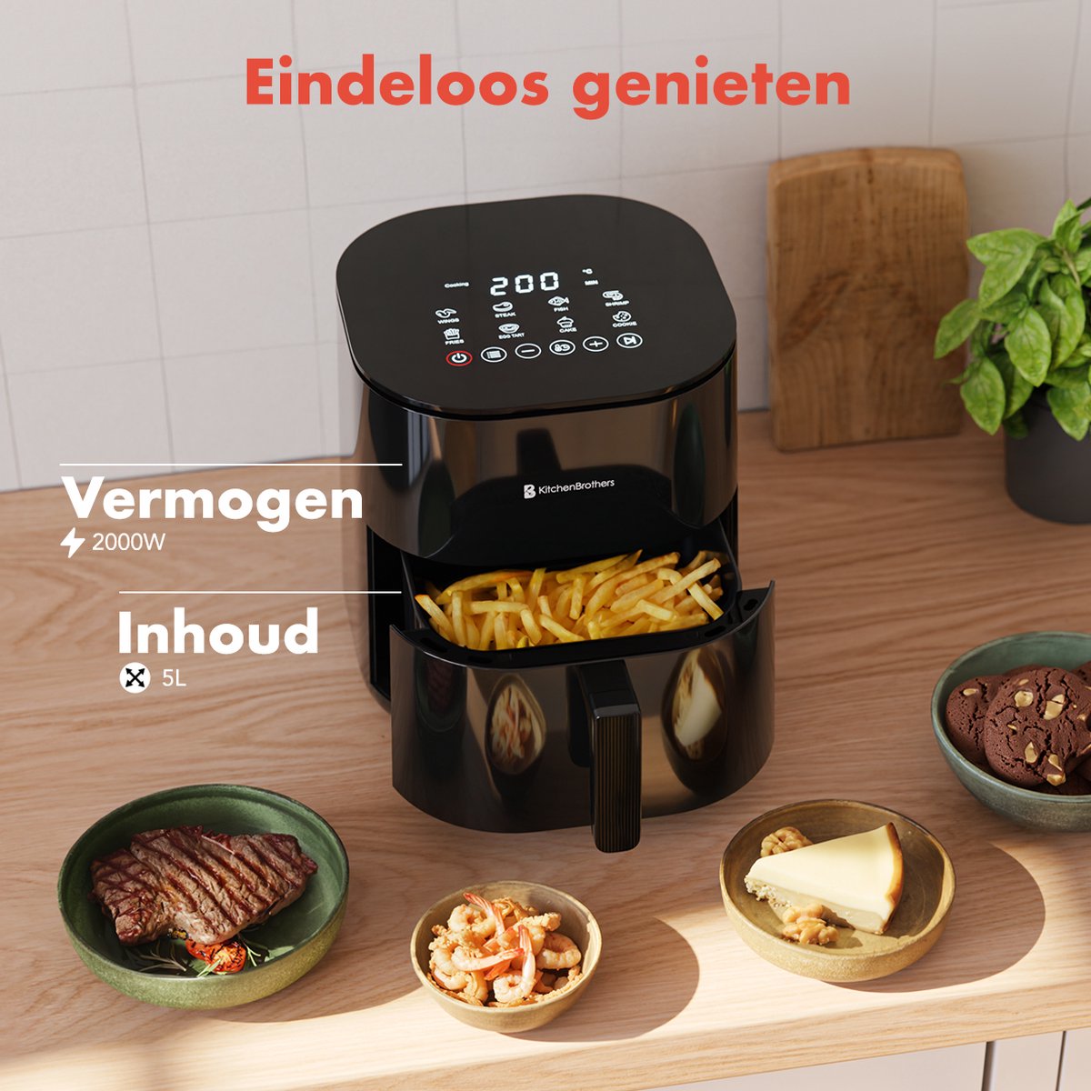 KitchenBrothers Airfryer XL - 5L - 2000W - PFAS-Vrij - Heteluchtfriteuse - Dual Heating - 80ºC tot 200ºC - 8 Kookprogramma's - Zwart — afbeelding 4