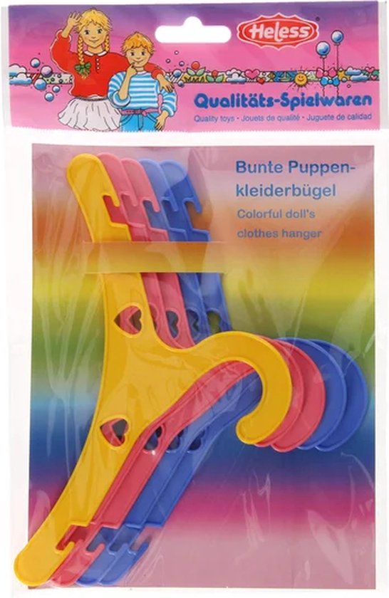 Verpakking met 5 gekleurde poppenkledinghangers in de kleuren blauw, roze en geel.