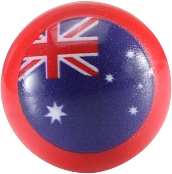 Een rode knikker met de Australische vlag erop.